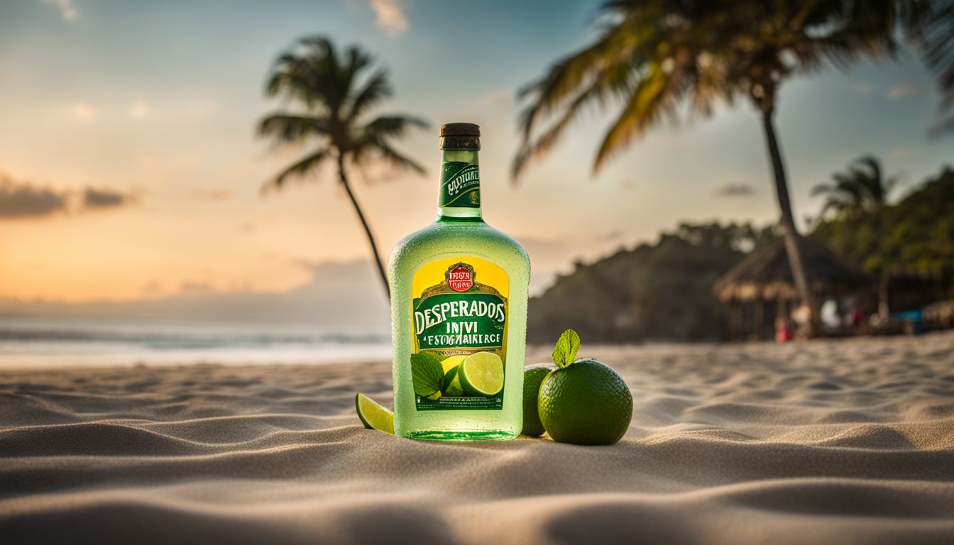 Une bouteille de Desperados Mojito sur une plage avec de la menthe fraîche et du citron vert.