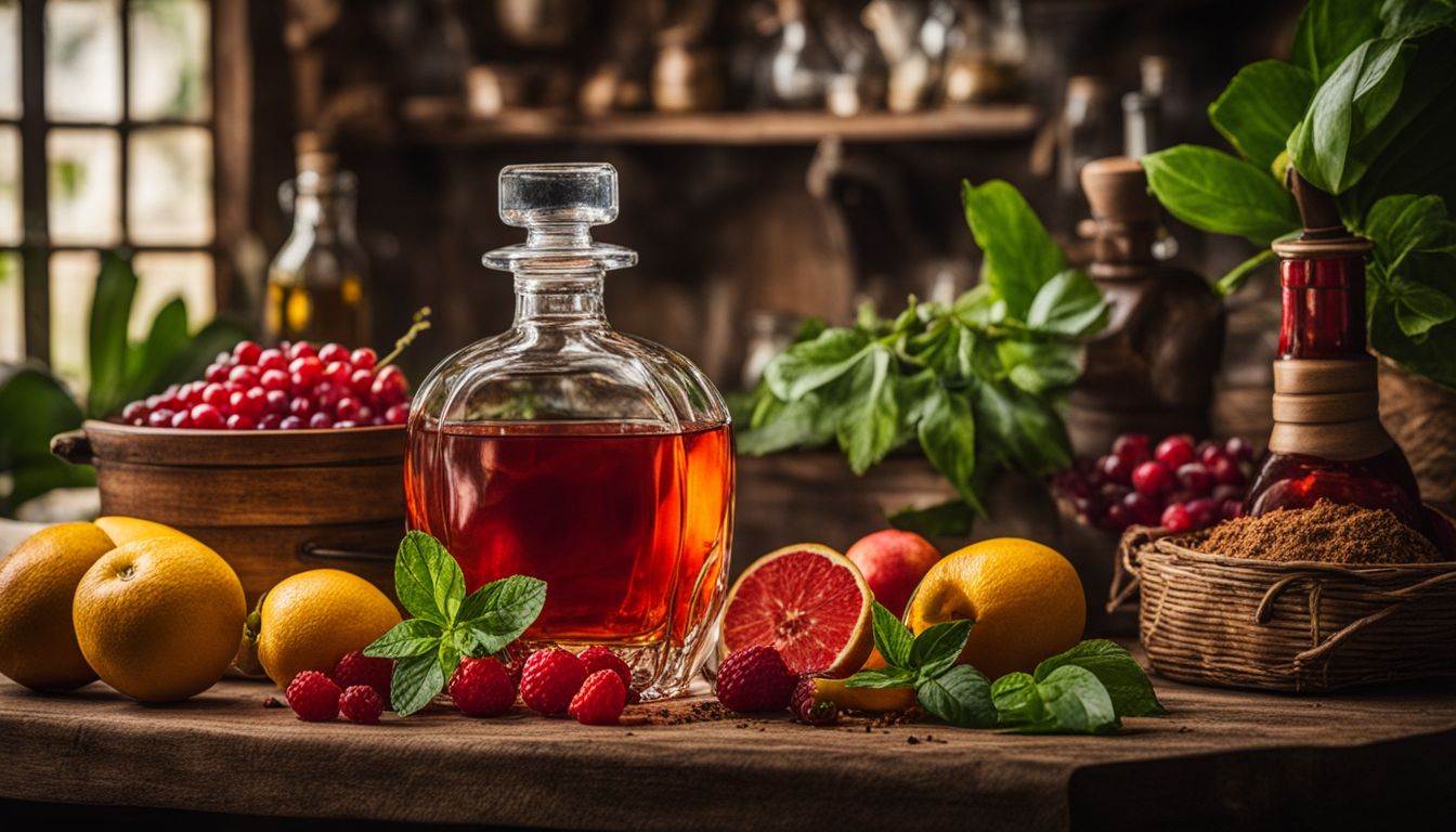 Une exposition vibrante de rhum cubain, feuilles vertes aromatiques et fruits rouges juteux dans une ambiance de cuisine rustique.