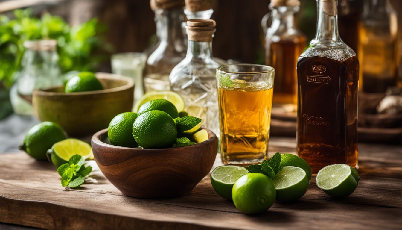 Des citrons verts frais, des feuilles de menthe et des bouteilles de rhum sur une table en bois.