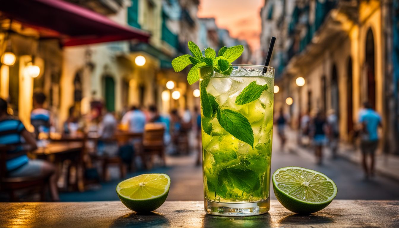 Un verre rafraîchissant de Mojito entouré de scènes animées de rue cubaine.