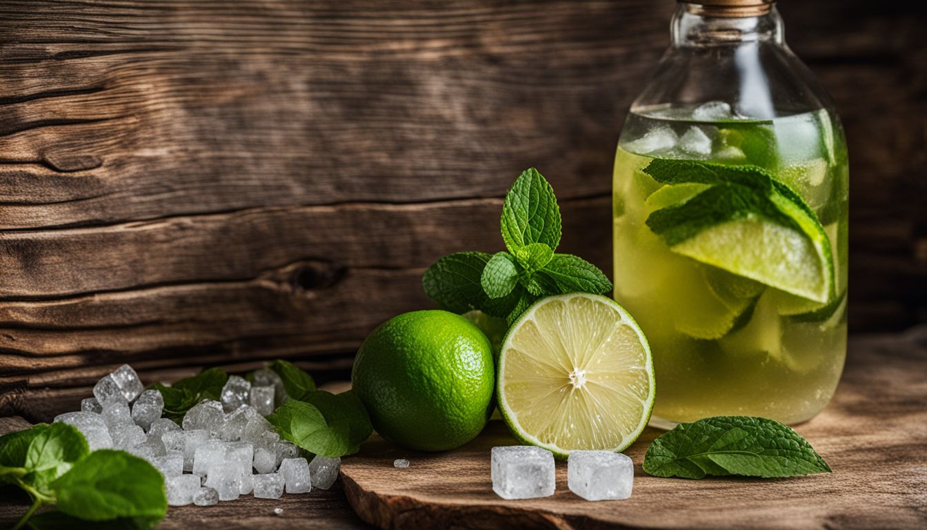 Une composition de citron vert, menthe, sucre, et eau gazeuse sur une table en bois rustique.