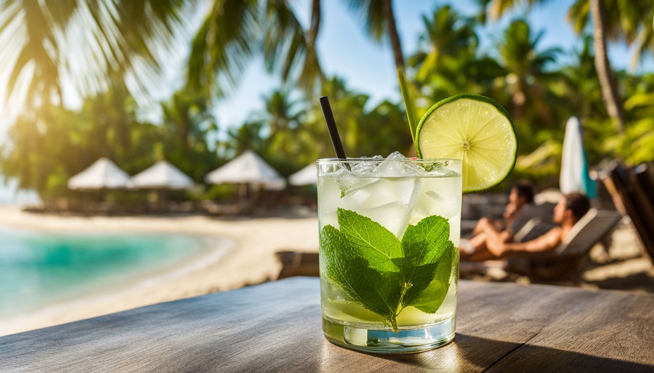 Un verre rafraîchissant de Mojito 7up sur une plage tropicale.