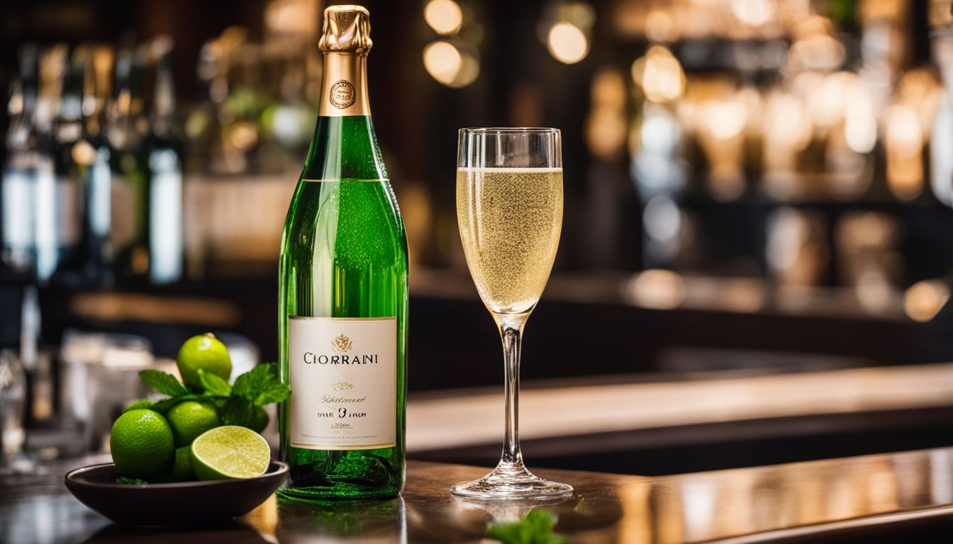 Une bouteille de champagne élégamment présentée avec des feuilles de menthe et des citrons sur un comptoir de bar.