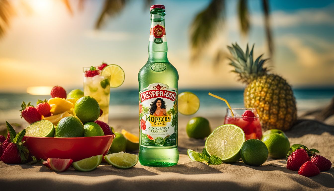 Une bouteille de Desperados Mojito entourée de fruits tropicaux sur la plage.