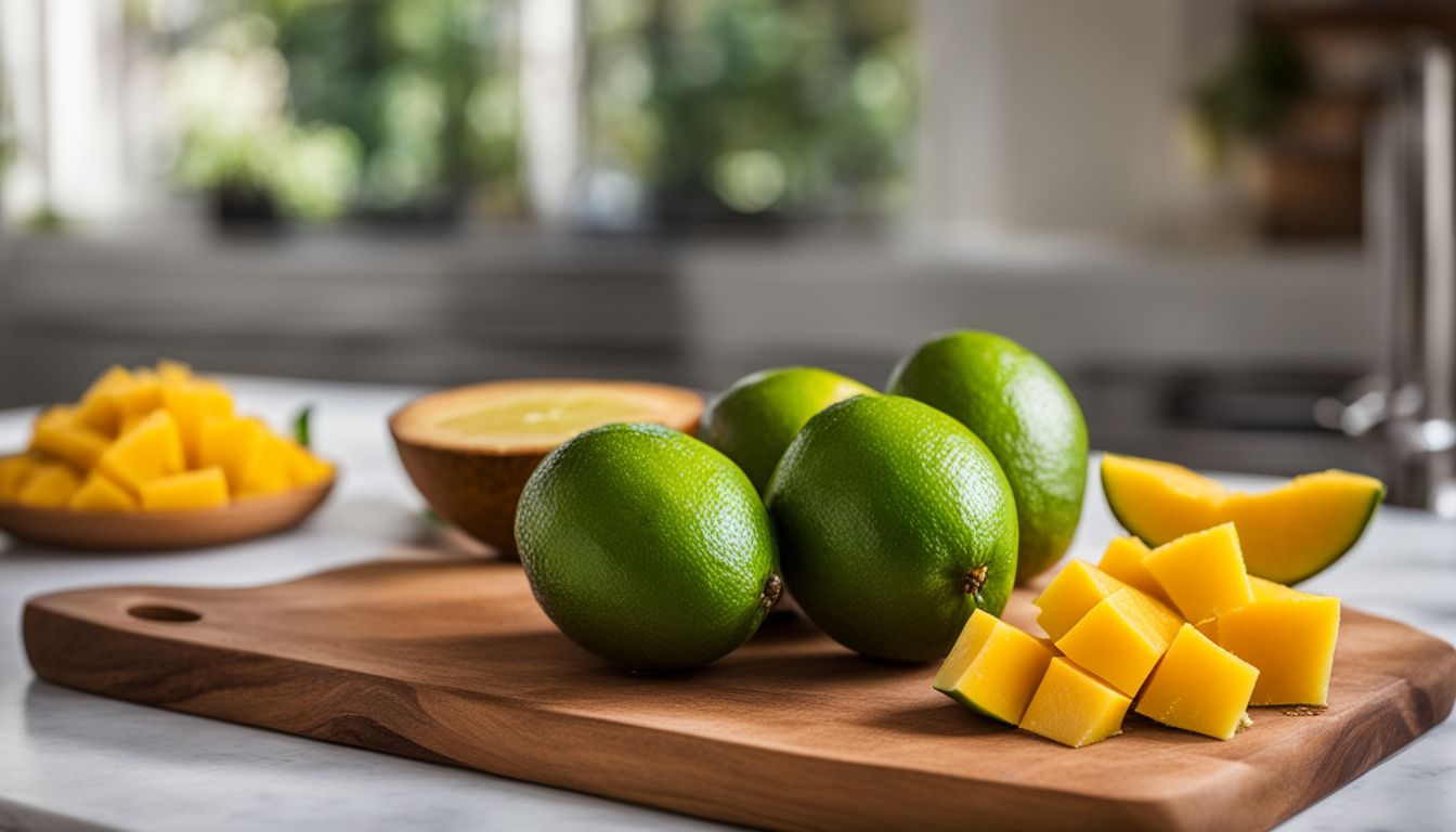 Des morceaux de mangue et du jus de citron vert frais sur une planche à découper en bois.