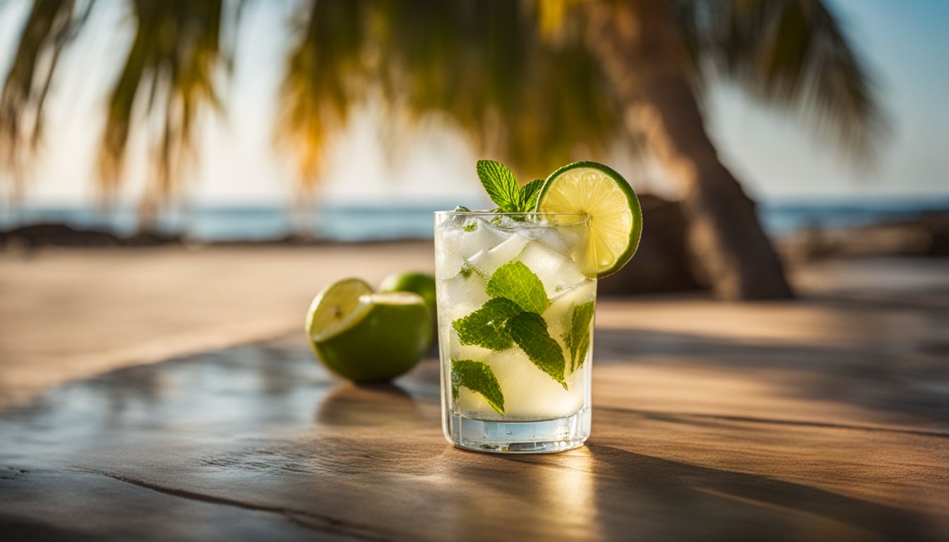 Une photo d'un cocktail Mojito rafraîchissant sur une plage tropicale.